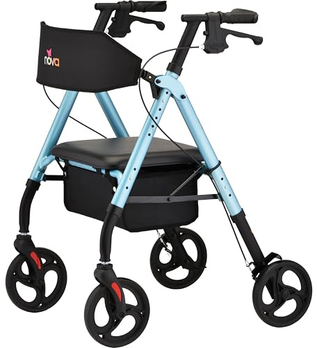 NOVA Star 8 Foldable Rollator Walker for Seniors, Wide Padded Backrest with Seat, 8” All-Terrain Wheels, Easy-Grip Locking Hand Brakes, Height Adjustable, Sky Blue