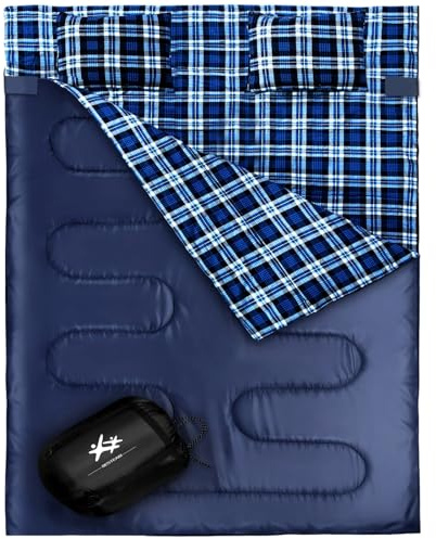 BESTEAM Saco de dormir doble de franela para adultos y niños, tamaño Queen para 2 personas con 2 almohadas, saco de dormir para clima cálido y frío, para camping, senderismo, impermeable, ligero con