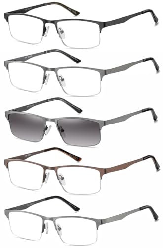 Amcedar 5 Paires Lunettes de Vue Lecture Hommes Rectangulaire style de cadre Acier Inoxydable Materiaux Charniere a ressort Compris Les Soleil Lunettes de Lecture +2.00