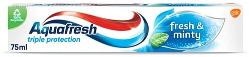 Aquafresh Fresh and Minty Fluoride Toothpaste, Triple Protection, Rebuilds enamel Strength, Helps protect gums* and Refreshes breath, 75ml