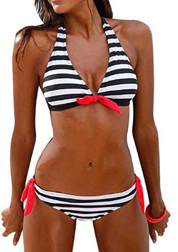 Voqeen Costumi da Bagno Donna Mare Due Pezzi Push Up Bikini Costume da Bagno Halter Capestro Bendare Bandeau Top Sexy Abito da Bagno Spiaggia Estiva Beachwear Swimwear Swimsuit(Nero,L)
