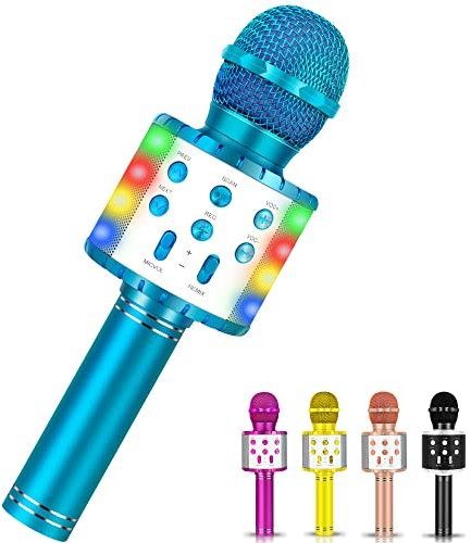 Wireless Microphone Karaoke Machine, 5-in-1 Portable Handheld Mic Speaker Recorder with LED Lights, Adjustable Remix FM Radio