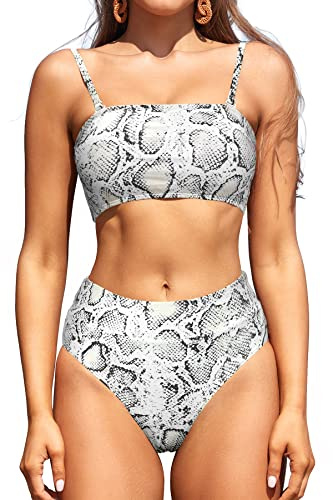 SHEKINI Costume da Bagno Donna Due Pezzi Bandeau Top Bikini Tracolla Regolabile Vita Alta Stampati Bikini Fondo Costumi Due Pezzi Donna da Spiaggia