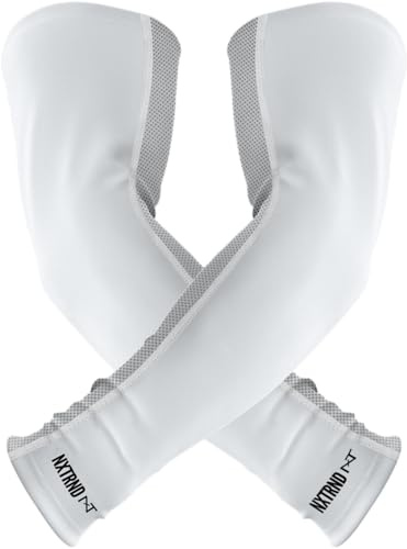 1 Pair Nxtrnd Compression Arm Sleeves for Men, Breathable Football, Basketball, Baseball Accessory, Adult & Kids (Large, White)