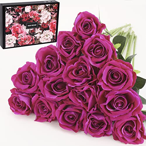 Cloudecor Künstliche Rosen, Samt, fühlt Sich echt an, einzelner Stiel, Kunstseide, realistische Blumen, Brautstrauß, Arrangements, Zuhause, Büro, Garten, Hochzeitsdekoration (lila-15p)