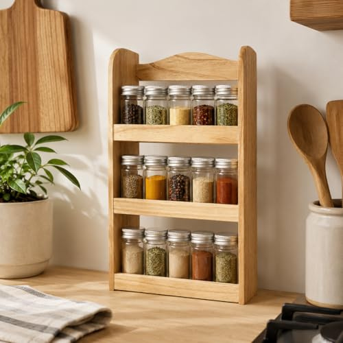 Marco Paul Étagère traditionnelle autoportante en bois pour herbes et épices, 15 pots de rangement pour cuisine, garde-manger, idéal pour stocker des herbes, des épices et des assaisonnements