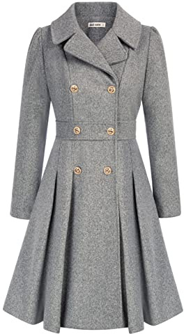 GRACE KARIN vintertrenchcoat, dam, lång puffärm, slag, krage, dubbelknäppt duffel, A-linje Peacoat, Grå, XL