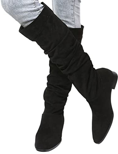 ticticlily Bottes Hautes Femme Boots d’Hiver Femmes en Cuir Mode à Talon Plat Bottines de Neige Jusqu'au Genou Chaleureux Confortable B Noir 38 EU
