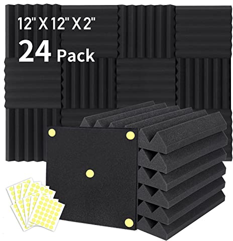 Focusound 24 Packs Acoustic Foam Panels 2 X 12 X 12, Soundproofing Foam Noise Cancelling Foam with 120 PCS Double-Side adhesive