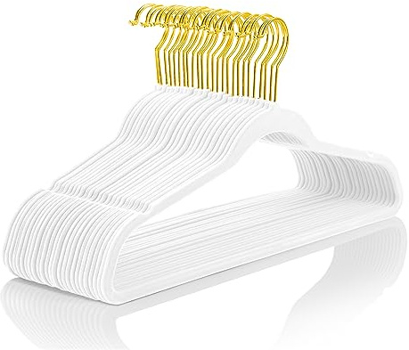 MIZGI Premium Velvet Hangers Pack 60 Pcs Heavyduty - Non Slip Slimline - Velvet Suit Hangers White - Gold Hooks,Space Saving Clothes Hangers