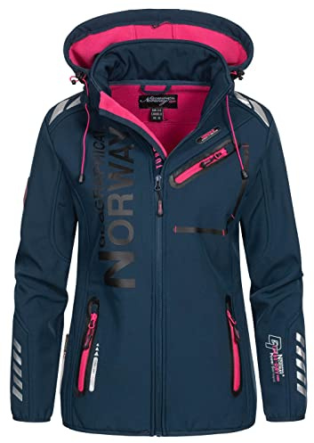 Geographical Norway Reine Lady - Chaqueta Softshell Mujer Impermeable Capucha - Abrigo Polar Cortavientos - Cazadore Aire Libre Deporte Esquí Invierno Primavera (Marino Rosa M)