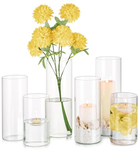 Glasseam Zylinder Vase Deko Glasvase: Schöne Blumenvasen Set 6 Stück, 10/15/20cm Hoch Tulpen Zylindervasen Glas Vasen Durchsichtig für Wohnzimmer Modern Kerzenhalter Blumen Wedding Decoration