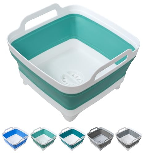 Dishpan for Washing Dishes, 2.4Gal/9L Wash Basin with Draining Plug Carry Handles, Collapsible Bucket for Cleaning, Portable Sink, Foldable Plastic Tub