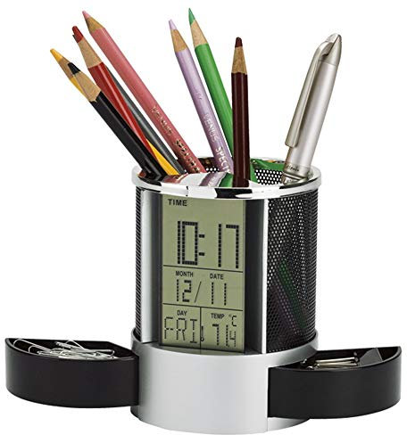 Mesh Pen Pencil Holder Digital LCD Desk Alarm Clock Mesh Pen Holder Calendar Timer Temperature Calendar Table Desktop Clock 2 Small Drawer