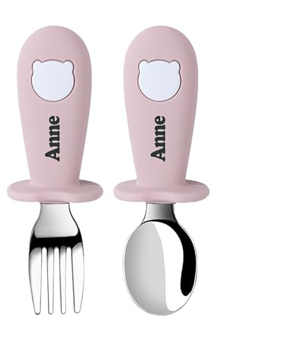 TYRY.HU Baby Löffel und Gabel Fütterung mit Namen Set Kinderbesteck Besteckset Gegenkokals Mit Silikon Griffe Esslernbesteck Selbstfüttere Utensilien für Baby LED Absetzerhäuser