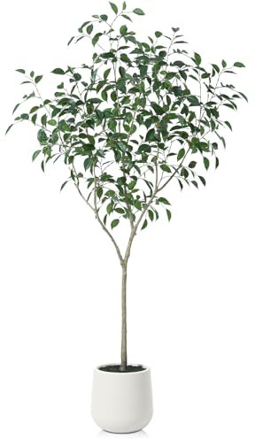 Fopamtri Künstliche Pflanzen 180 cm Ficusbaum Kunstpflanzen Groß, Fake Plastikpflanzen im Weiß Topf für Zimmerdeko Büro Balkon Garten Dekoration (1 Stück)