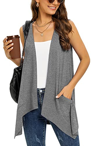 Wiwclo Veryoung - Cardigan smanicato da donna, leggero, con tasche, casual, morbido, lavorato a maglia, aperto sul davanti, orlo alto e basso, A03-dark_grey-senza maniche, S