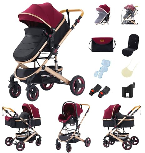GLOKID Carrito bebé 3 en 1, Silla de Paseo para Niños, Silla Paseo, Sistema de viaje, Plegable, Travel System, Con accesorios, Góndola, Adaptateurs (530 Rojo)