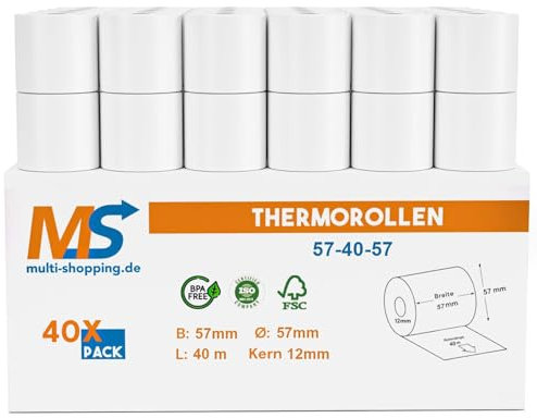 Kassenrollen/Thermorollen/Bonrollen 57mm x 40m x 12mm Bpa frei für alle gängigen Thermo Kassen-Bondrucker B: 57mm x L: 40m Ø57mm (40)
