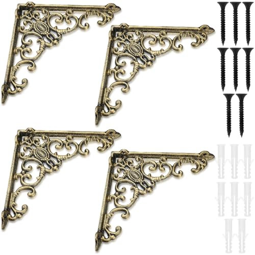 Lounsweer Robuste Regalhalterungen aus antikem Messing, 20,3 cm, Wandmontage, dekoratives schwebendes Regal, Hardware für Küche, Zuhause, Badezimmer, Schrank, Regalstütze (4 Stück)
