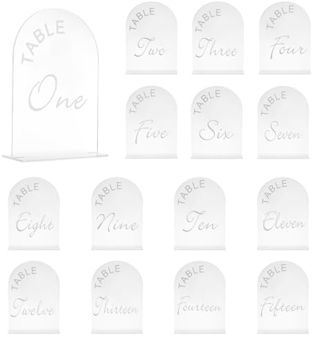 sourcing map 15pcs Matte White Arch Acrylic Sign with Stand, 5 x 7 Inch Acrylic Arch Table Number Holders for Wedding Table Centerpiece Decoration (Number 1-15)