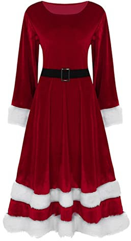 Robe de Soiree Femme en Velours- Robe Noel Femme Longue-Robe Cocktail Manches Longues Col Rond De NoëL Polaire Dress Automne Et Hiver DéContracté Pas Cher Elegant Grande Taille Christmas Robes
