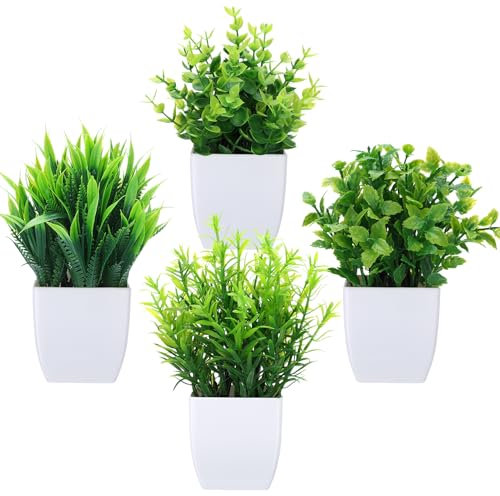 saerryor 4 Pack Artificial Plants Indoor, Small Artificial Plants, Greenery Potted Plastic Fake Plants, Bathroom Plants, Plastic Plants for Indoors Bathroom Office Table Decor
