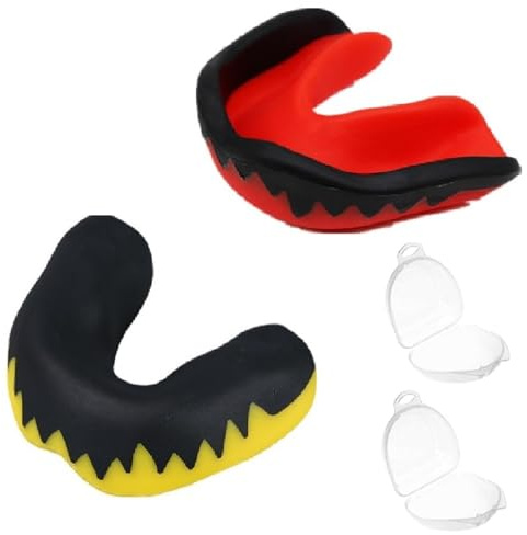 Protege Dents Boxe, Protège-Dents Sport, Gouttière Coque Dentaire Protège Dent, Protege Dents Boxe Confortable avec Boîte Protection Intégrale pour Tous Les Sports (Noir-rouge, noir-jaune)