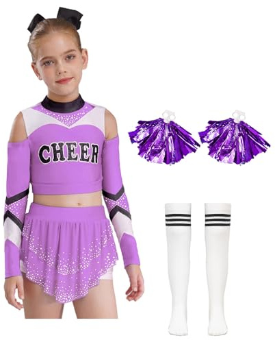 inlzdz Kids Girls Cheer Leader Uniform Cheerleading Outfit Carnival Festival Sports Games Costume Light Purple 7-8 Years