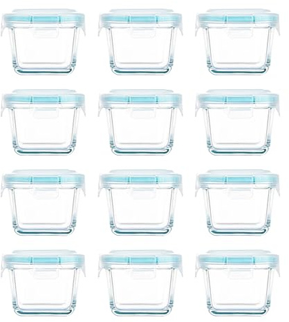binsakao Mini Glass Food Storage Containers - 12 Pack 160 ml Small Square Glass Jars with Locking Lids - Airtight Food Containers - Freezer, Microwave, Dishwasher Safe