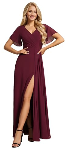 Ever-Pretty Vestido de Dama de Honor Elegante Manga Larga con Volantes Abertura Formal Burdeos 50