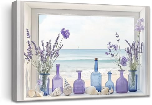 LZIMU Purple Bathroom Decor Lavender Wall Art Beach Pictures Windows Landscape Poster Floral Paintings Rustic Flowers Prints Home Decor Framed (Blue, (16 x 24))