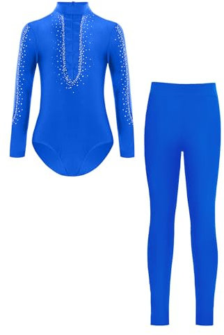 Nyeemya Kinder Jungen Turnanzug Ballettanzug Glitzer Turntrikot Langarm Gymnastikbody mit Hose Wettkampf Tanzbekleidung Blau 170