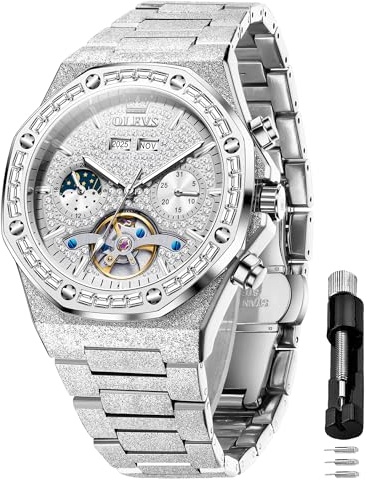 OLEVS Automatic Watch for Men 44MM Large Dial Frosted Silver Octagon Self-Winding Diamond Waterproof Stainless Steel Wrist Watches Tourbillon Skeleton Mechanical