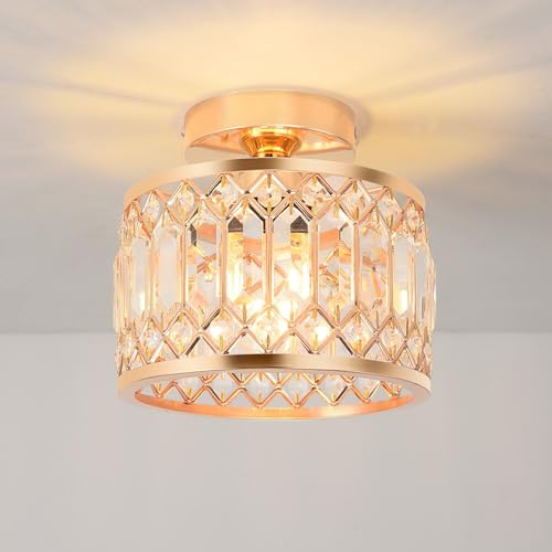 ANWIO Kristall Deckenleuchte Gold, Modern Deckenlampe Wohnzimmer E27, Kristall Kronleuchte Metall Küchenlampe, Korridor Lampe Decke, Flur Deckenleuchten für Esszimmer, Schlafzimmer, Badzimmer