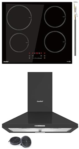 COMFEE' CIH741F238K0 7400W Piano di Cottura a Induzione da Incasso con 4 Zone + COMFEE' Cappa Aspirante 60 cm PYRA17B-60 Nera Cappa Cucina con LED