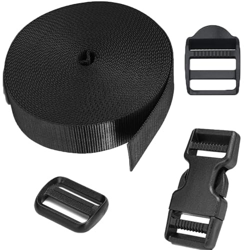 15 m spännband polypropen, 25 mm svart ryggsäcksremmar med 10 par spännen och lås, vattenbeständigt nylonband bomull fickrem för bagageremmar gör-det-själv ryggsäck hundhalsband hantverk