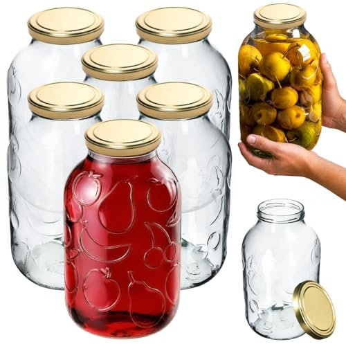 KADAX 6er Set Einmachgläser 5L mit TO100 Schraubdeckel Gold – Konservengläser für Gurken, Kombucha & Kimchi | Fermentieren, Einlegen & Einkochen