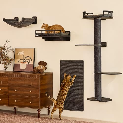 FUKUMARU Kletterwand Katzen-Set, 4 in 1 stabiles Wandmöbel aus mehrschichtigem Holz mit Hängematte, Wandregalen, Kratzbaum und Sisalmatte – Platzsparende Kletterwand (Schwarz)
