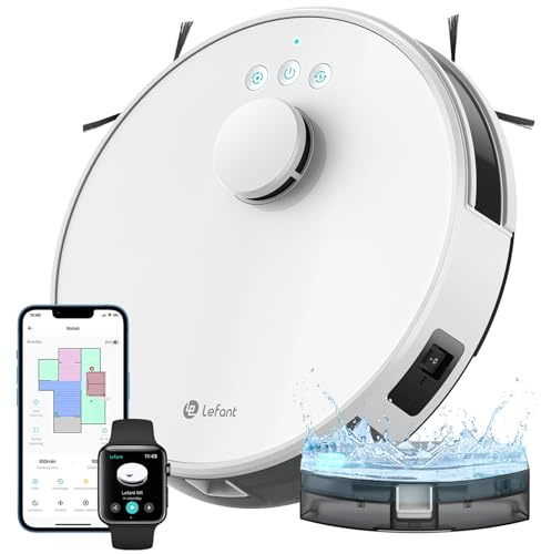 Lefant M1 Robot Aspirateur Laveur 2 en 1, 5500Pa, Navigation LiDAR, Cartographie Multi-étage, Zones Virtuelles, Connecté par Alexa/APP/WiFi, Idéal pour Poils d'animaux, Tapis et Sols Durs, Blanc