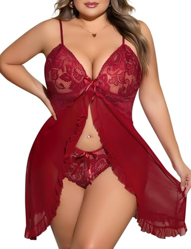 UMIPUBO Underkläder för kvinnor Sexig Babydoll Plus Size Underkläder Spets Babydoll Underkläder Plus Size Klänning V-ringning Nattlinne Sexig Chemise Nightie Pyjamas Set Elegant, Vinröd, 3XL