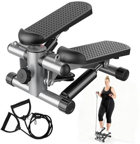Aidoly Stair Stepper with Resistance Bands for Home Exercise, Mini Stepper Machine for Indoor Fitness, Portable Home Gym Stepper for Full Body Workout, 300LBS Capacity, Silver
