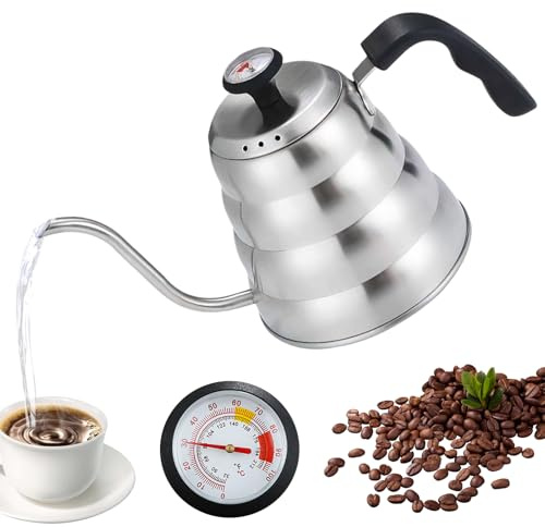 1,2 l svanhals vattenkokare med termometter: vattenkokare med långt utlopp, kaffekanna rostfritt stål för gas och induktionshällar, veseneck kettle för kaffe och te beredning, silver