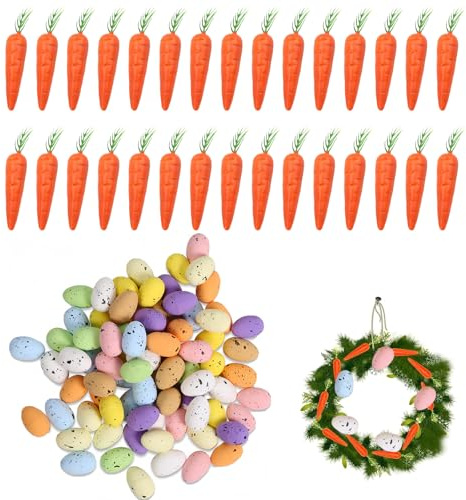 LZPLJLWS Ostereier Deko 50 Stück Styroporeier 2.5x2cm Weiß Mini Karotten 7cm Frühling Bastelbedarf für Osterkranz Osterkörbchen Tischdeko Fensterdeko DIY Projekte