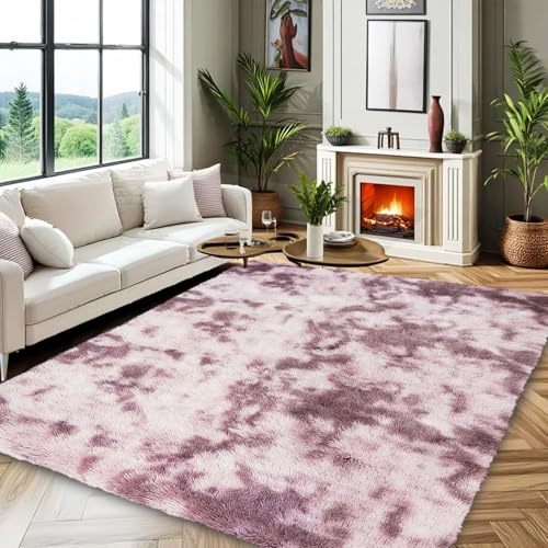 PHP Tie & Dye Shaggy Center Rugs for Living Room Large Bedroom Rug - Modern Super Soft, Thick, High Dense Pile Non Slip Carpet for TV Lounge Dining Area Indoor Office (Pink, 160 x 230 cm)