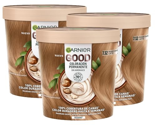 Garnier Good Pack 3 7.12 Rubio Café Latte Sin Amoniaco | Coloración Permanente, Enriquecida con Aceite de Oliva, Sin Amoniaco, 90% Origen Natural, Garnier Good