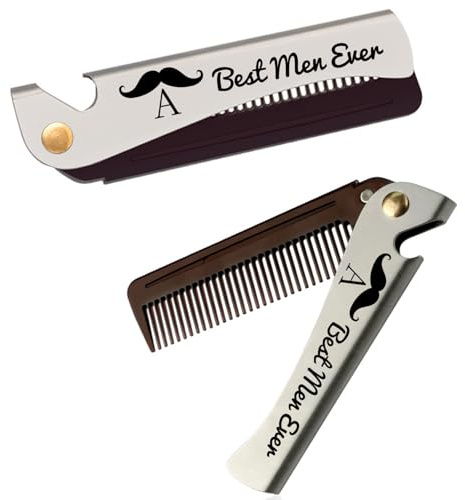 Personalized Hair & Beard Combs For Men,Stainless Steel Folding Beard Styling Pocket Moustache Comb,Funny Beard Gifts For Beard Shaper,Mini Beard Shaping Tool For Travel With Bottle Opener (Initial A)