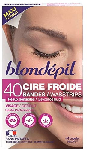 Blondepil' HAUTE PERFORMANCE - 40 Bandes Cire Froide pour Visage + 6 Lingettes Post Epilation