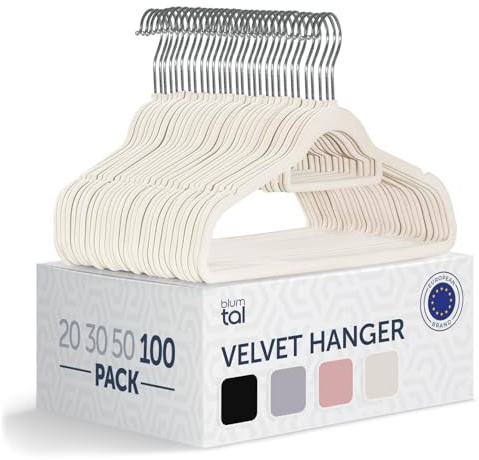 Blumtal Kleiderbügel 100 Stück ohne Clips - Kleiderbügel Samt 360° drehbar und belastbar - Ultra platzsparend und rutschfest - Hangers - Samtbügel Elfenbein