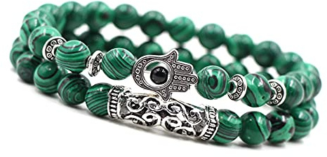 Unique Duo Braccialetto Buddha gemme con perline Malachite Mano di Shiva 8mm Energia Chakra Banda Elasticizzato